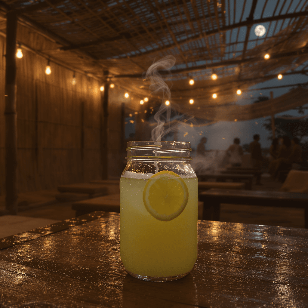 AI generated: Description: Cinematic close-up of a cold, wet jar of aguapanela with lemon on a worn guadua table. ...