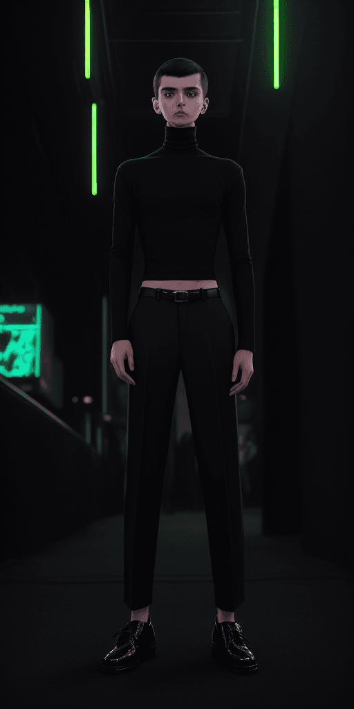 AI generated: [[[((clothing with the smallest details)), a short-haired young man in a classic black turtleneck wi...