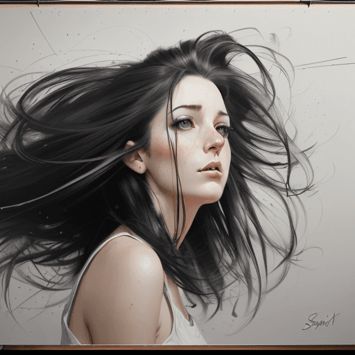 AI generated: a drawing of a woman with her hair in the air it is black and white, in the style of mark lague, hyp...