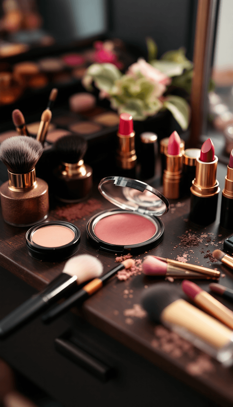 AI generated: a table with makeup products like brushes, eyeshadow, lipstick, and more --ar 2:3 --v 6.0
