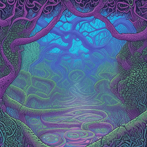 AI generated: 🫧🪐🫶🏻🧞‍♀️ Ivy bioluminescence swirling maze, Dan Mumford Jack Yerka Mike McKone Greg Simkins