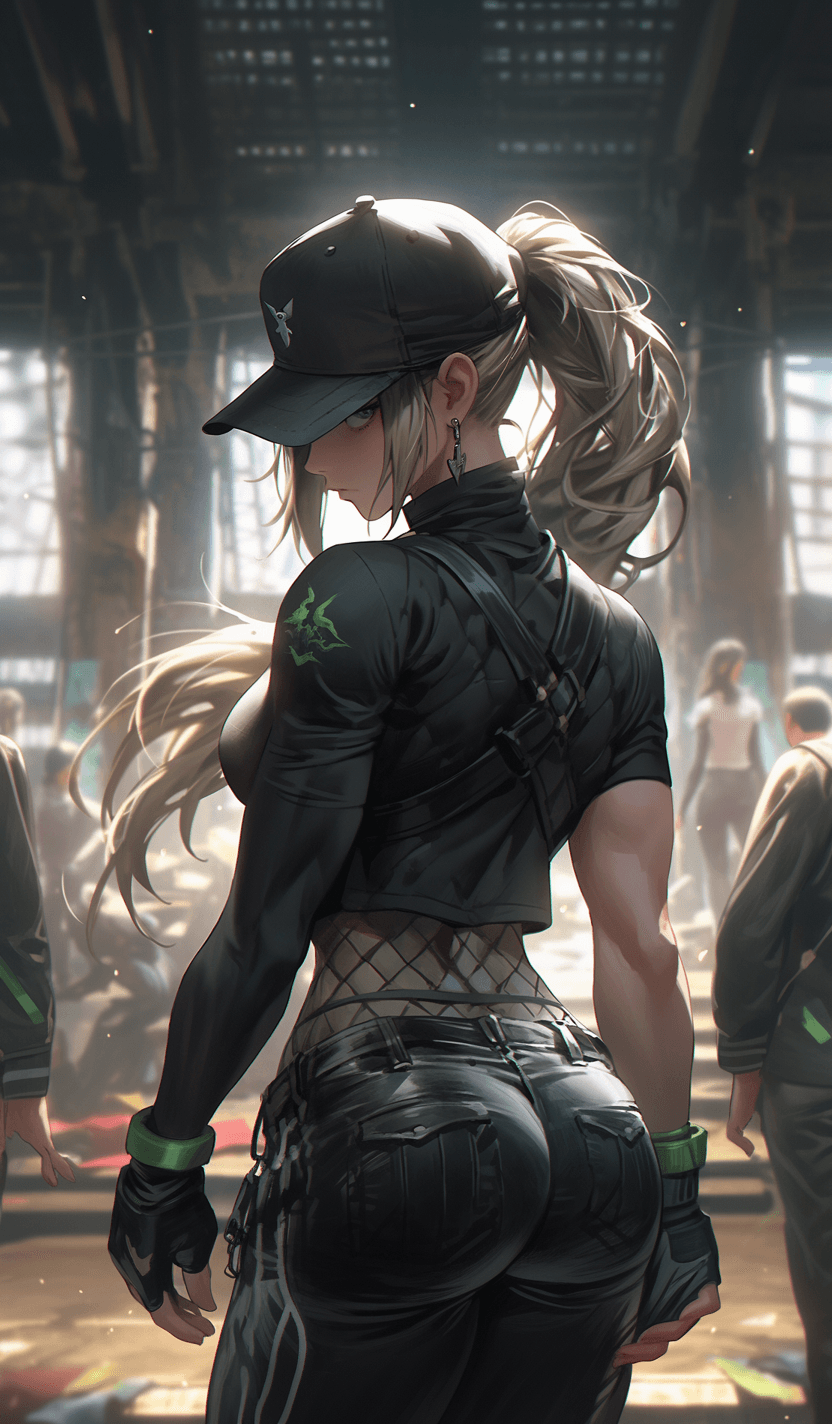AI generated: Sonya Blade Mortal Kombat, standing with his back, beautiful body, sports legs in leggings, atmosphe...