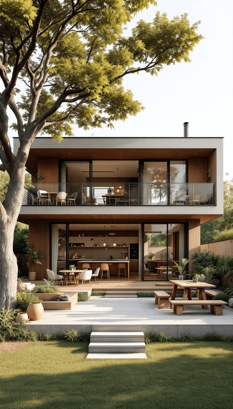 AI generated: A wide-angle shot of a two-story modern cottage house, with the second floor stretching across in wi...