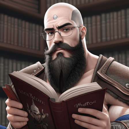 AI generated: smart kratos,with glasses,reading book,white skin, black beard


