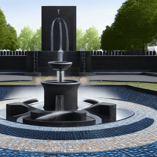 AI generated: Create an image of a round fountain 8meter wide with eight water jets on the edge distributed equall...
