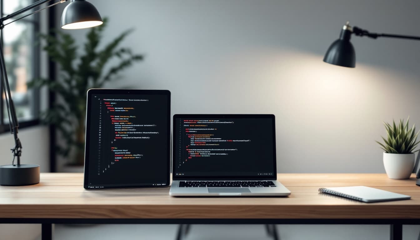 AI generated: A professional and minimalist office setup for a software developer's LinkedIn cover image. The scen...