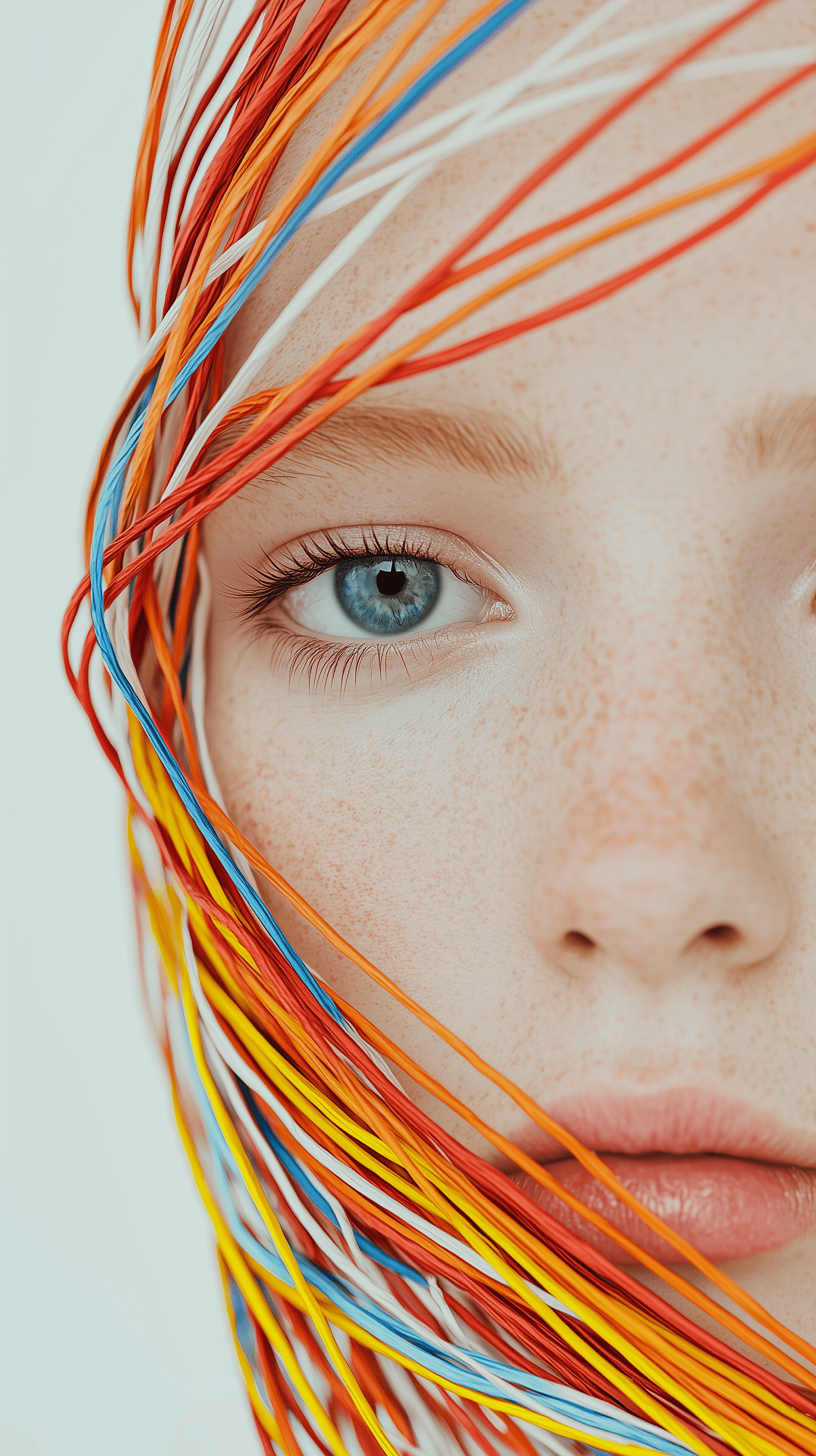 AI generated: editorial photography, front shoot, featuring of colorful cables, woman, white background, cinematic...
