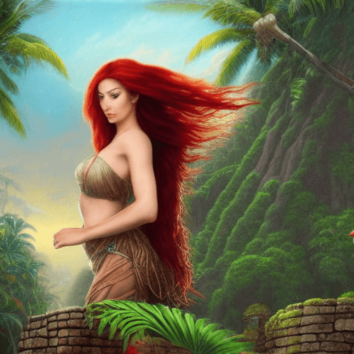 AI generated: A beautiful woman with long red hair standing on the ruins of an ancient city on a tropical island, ...