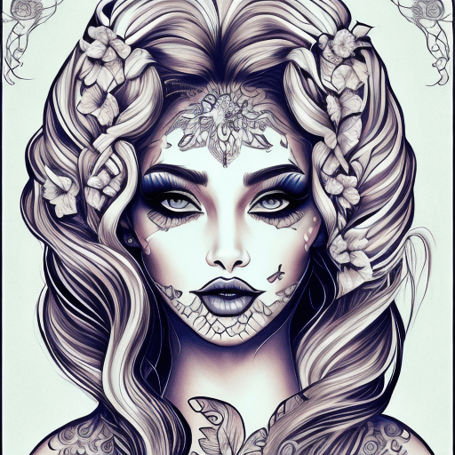 AI generated: beauty beauty model tattoo designs by karimah, hair coloring for a woman, in the style of silkscreen...