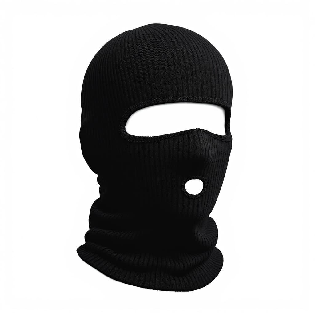 AI generated: a black ribbed knit 3-holes skimask, two hles for the eyes, one hole for the mouth