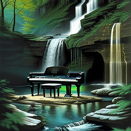 AI generated: schimmel acrylic piano with waterfall in the background


