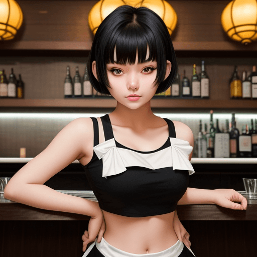 AI generated: Asian girl 21 years old, with crop tee maid costume, black short hair, hands under the chin making a...