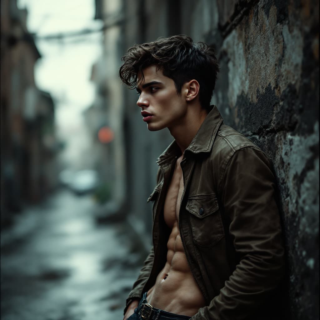 AI generated:  Boy youngmodel,seductive,in a dirty backstreet in city,leaning at a wall,kissingmouth,lovelook
