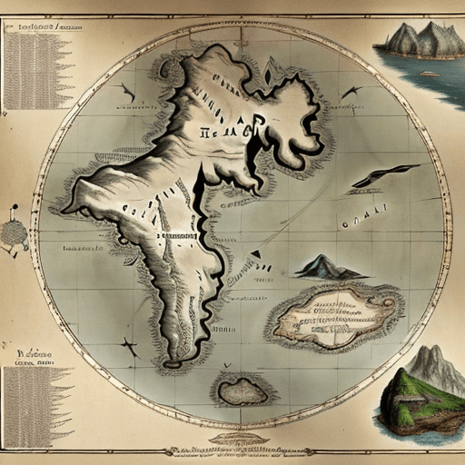 AI generated: An old map showing a large main land. Three islands of different sizes east of the main land in the ...