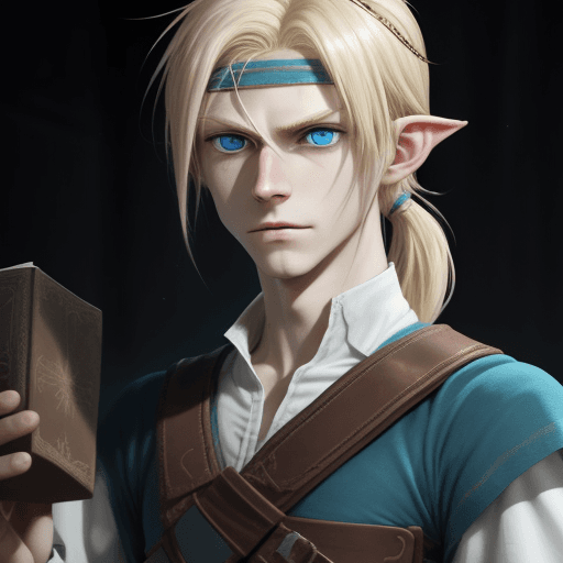 AI generated: Link is a tall, thin, unnaturally pale young man with completely blond hair, in books tied on his fo...