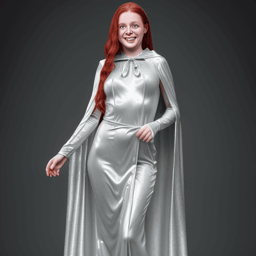 AI generated: young white irish woman smiling, wearing a floor length glossy silver cloak tied at the neck with ri...