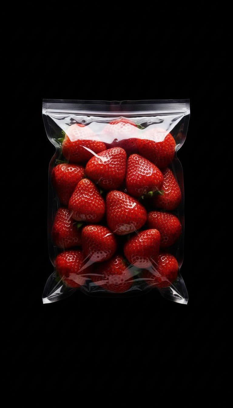 AI generated: a photograph of a vacuum-sealed bag filled with fresh strawbery studio photography of products, hype...