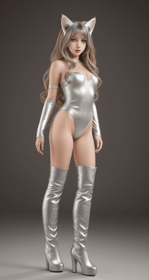 AI generated: lady, long light beige wavy hair, dark eyes, cat ears, wide hips, silver boots, spotlight in the bac...