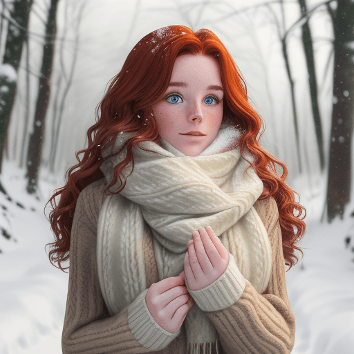 AI generated: Wavy Auburn Hair, Irish Ethnicity, Cozy Winter Style, Snowy Forest: A hyperrealistic portrait of a b...