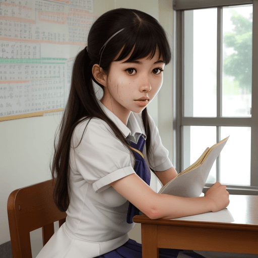 AI generated: classical school girl, hot, sweating, uniform, studying, asian, petite and cute, summer