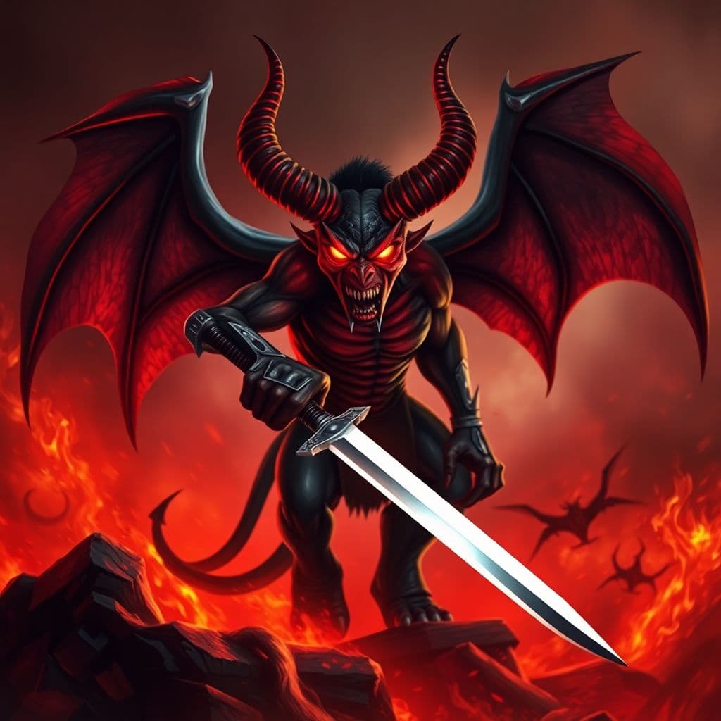 AI generated: erotic demon,very angry ,glowing eyes,with a sword,in hell,wings