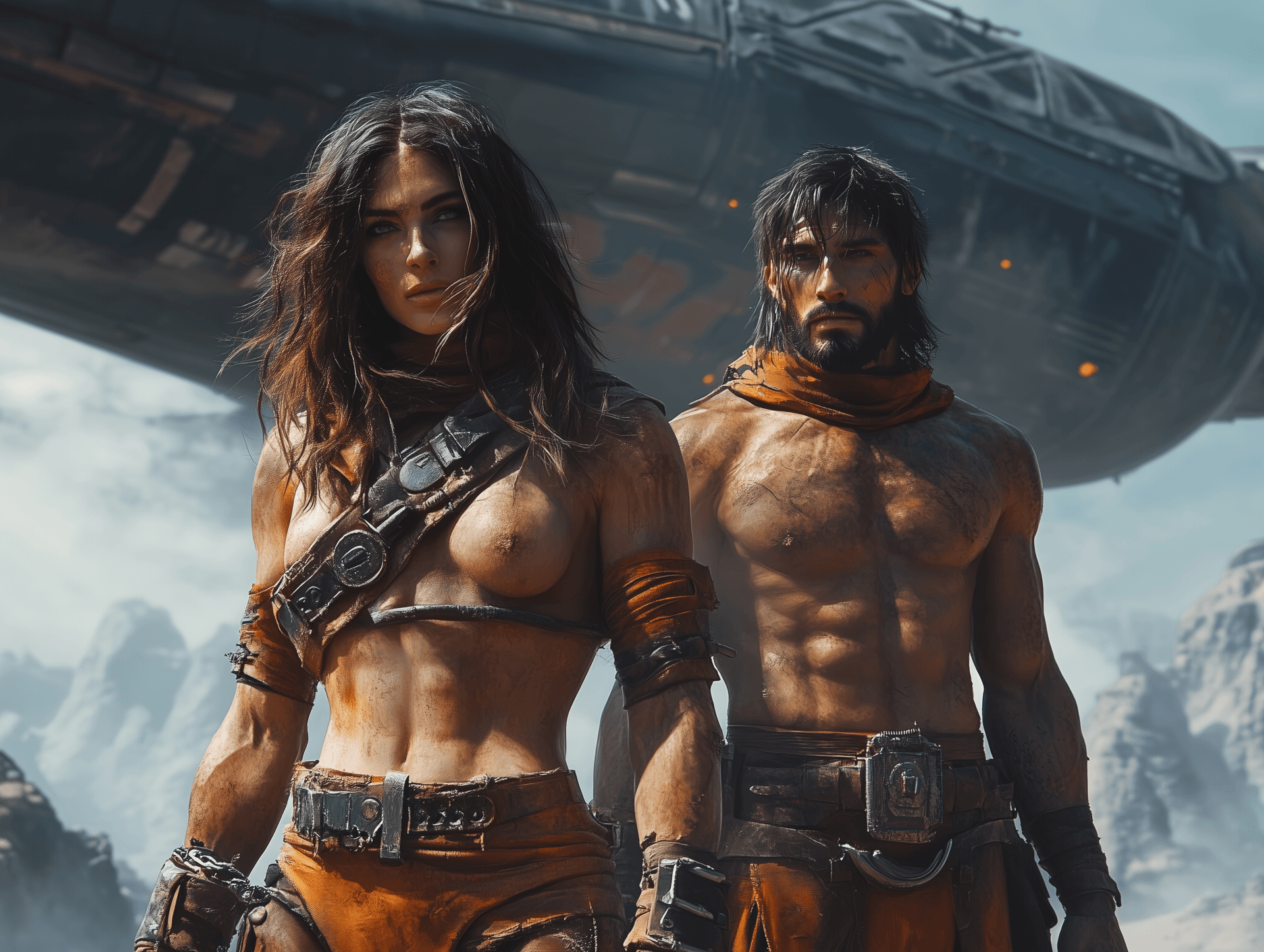 AI generated: A post-apocalyptic cyberpunk desert couple standing in front of their airship, wearing beautiful and...