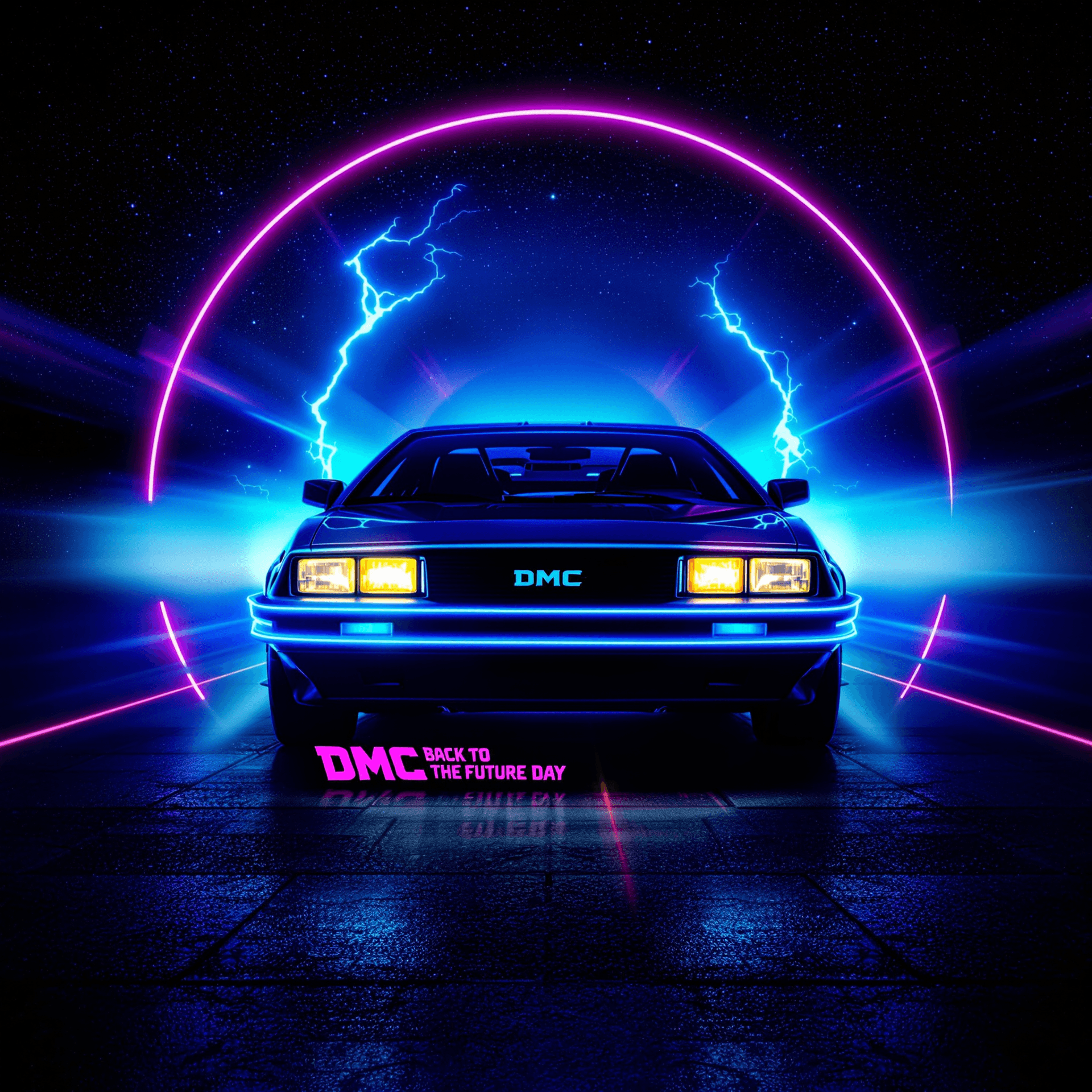 AI generated: An image for back to the future day, october 21 2015. Made in neon, with a close up of the dmc logo ...