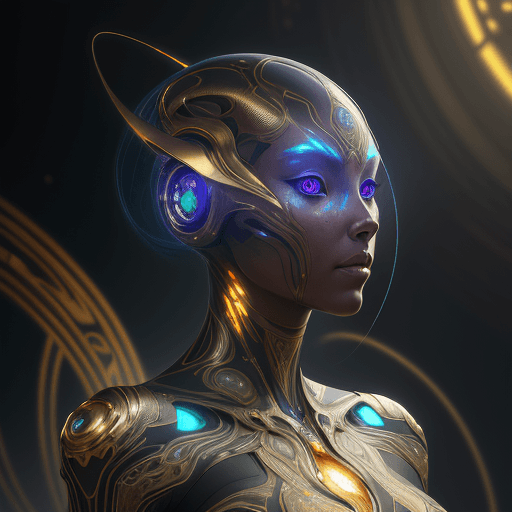 AI generated: hyper advanced cyborg alien ai, sci fi, glowing eyes, volumetric lights, gold theme, art nouveau bot...