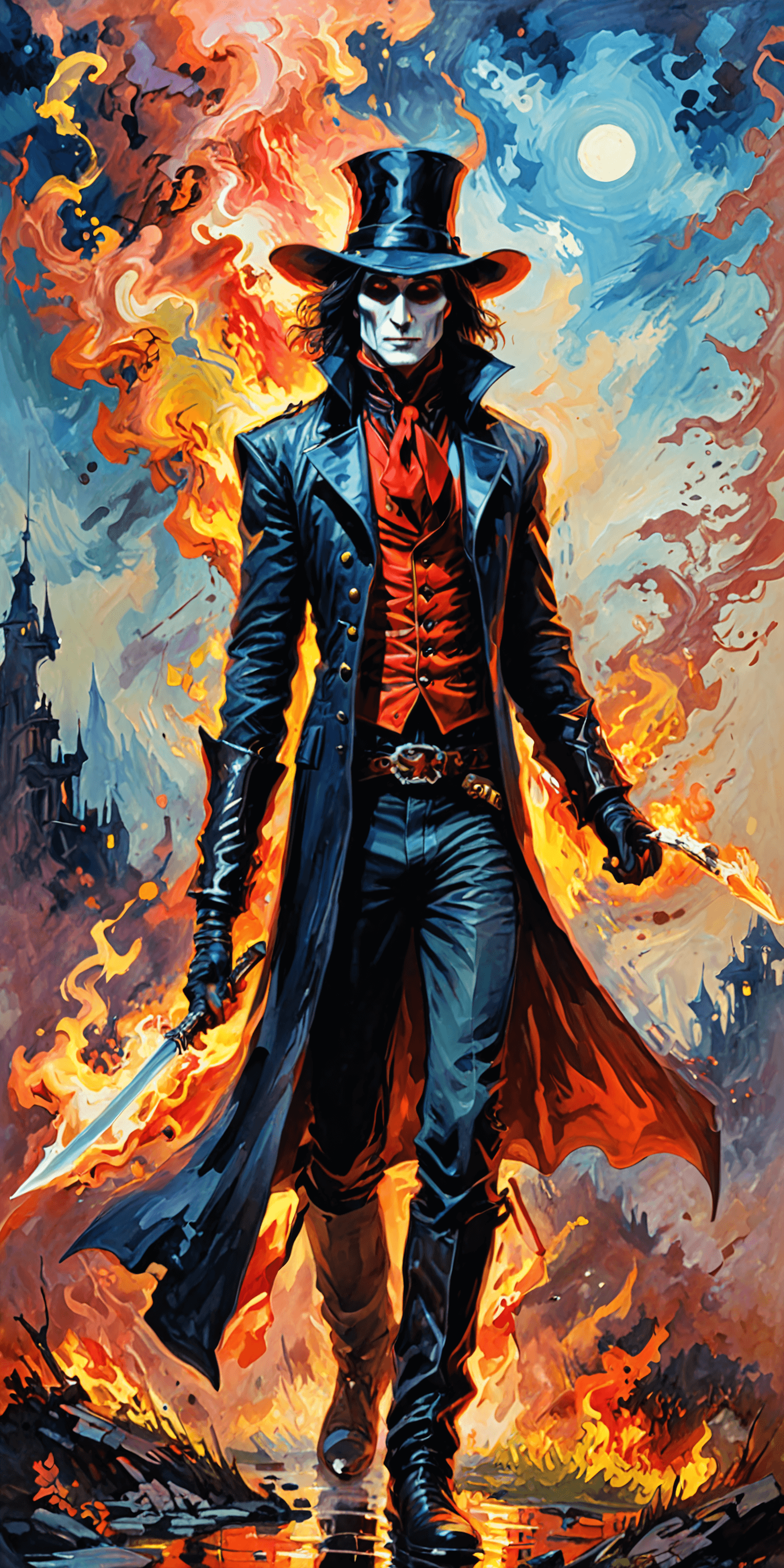 AI generated: Vampire Hunter, Parallel World, caricature in Claude Monet style, Futuristic, psychedelic, Fire Tone...