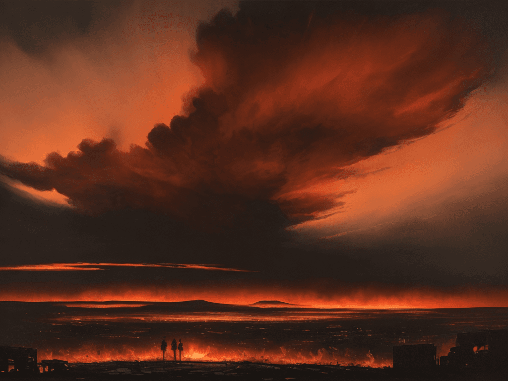 AI generated: The image is set against a dark, foreboding landscape that stretches out to the horizon. The sky abo...