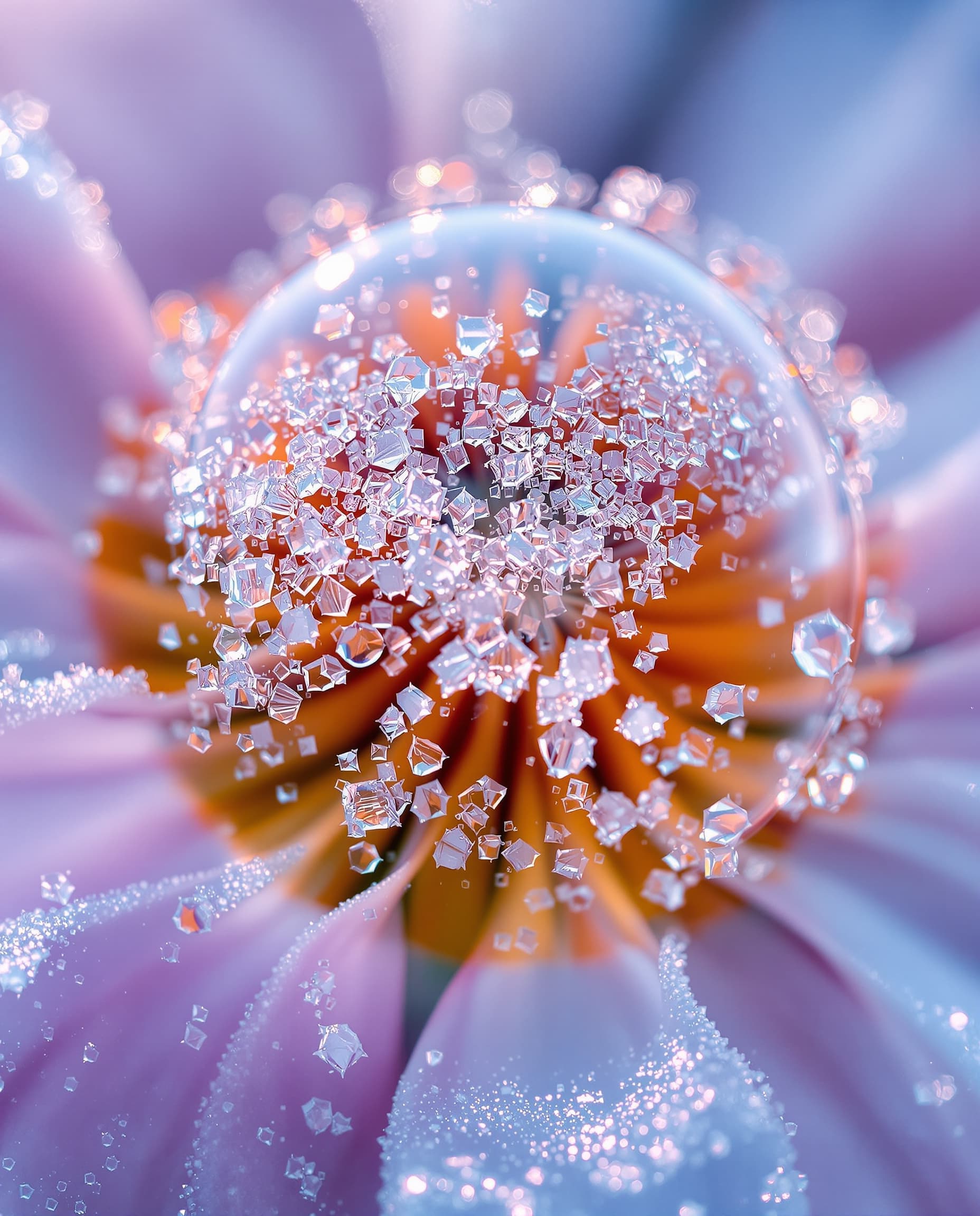 AI generated: extreme-ultra-detailed macro-view close-up of view of Ice crystals covering a bubble on a flower ear...
