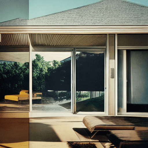 AI generated: Hyper realistic eye level exterior photo of a midcentury modern style house overlooking the ocean, d...