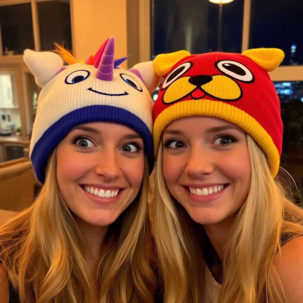 AI generated: The image shows two female, posing closely together, wearing playful, colorful beanies with cartoon-...