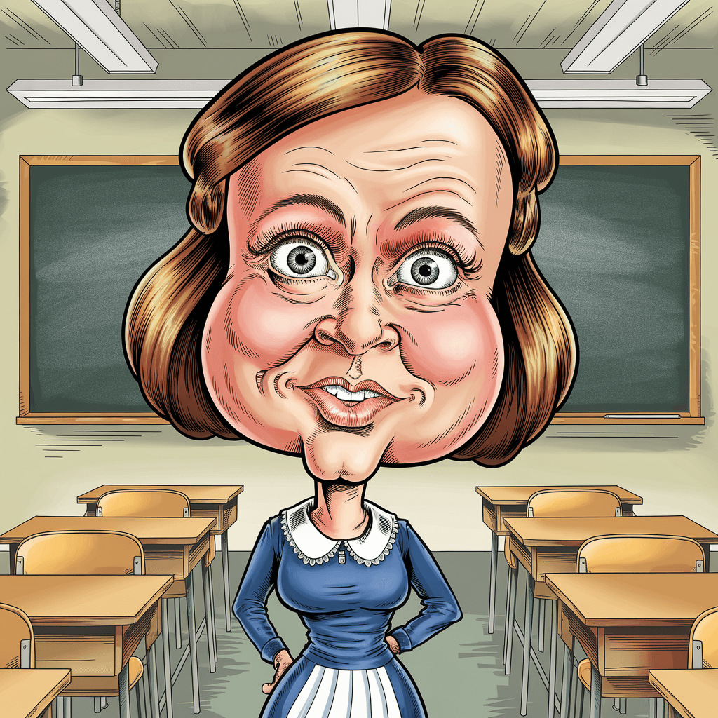 AI generated: female caricature illustration, children's comic book character, hilariously exaggerated features --...