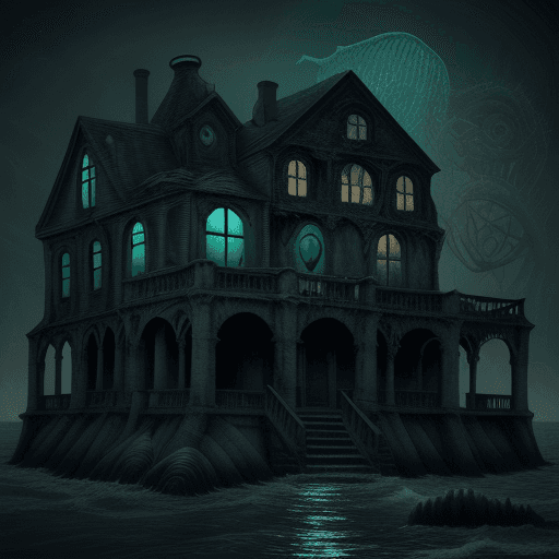 AI generated: Innsmouth, Coastal, Decaying architecture, Uncanny horror, Fish-like inhabitants, Cosmic horrors, Ma...
