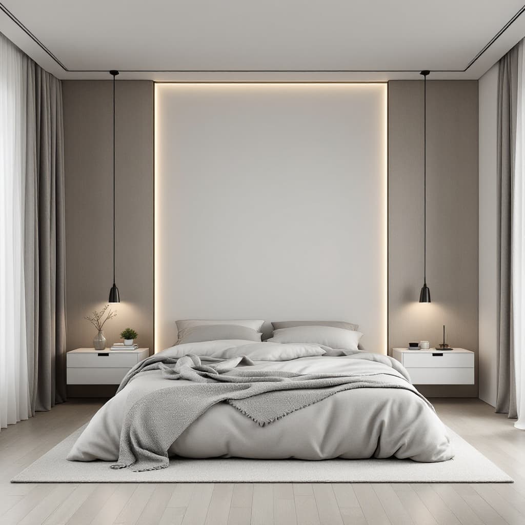 AI generated: tranquil bedroom design that emphasizes minimalism and comfort, clean lines, cosy, featuring a low b...