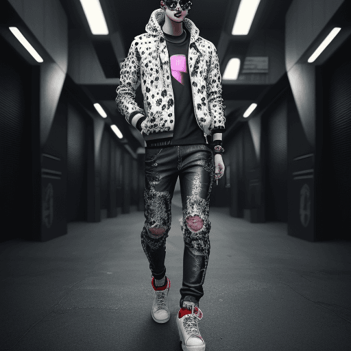 AI generated: fashion casual dalmatian, sneakers, sunglasses, jeans pants, futuristic background, full figure, in ...