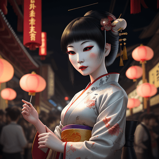 AI generated: An ethereal china girl amidst a festival night, paper lanterns illuminating the lively streets, a vi...