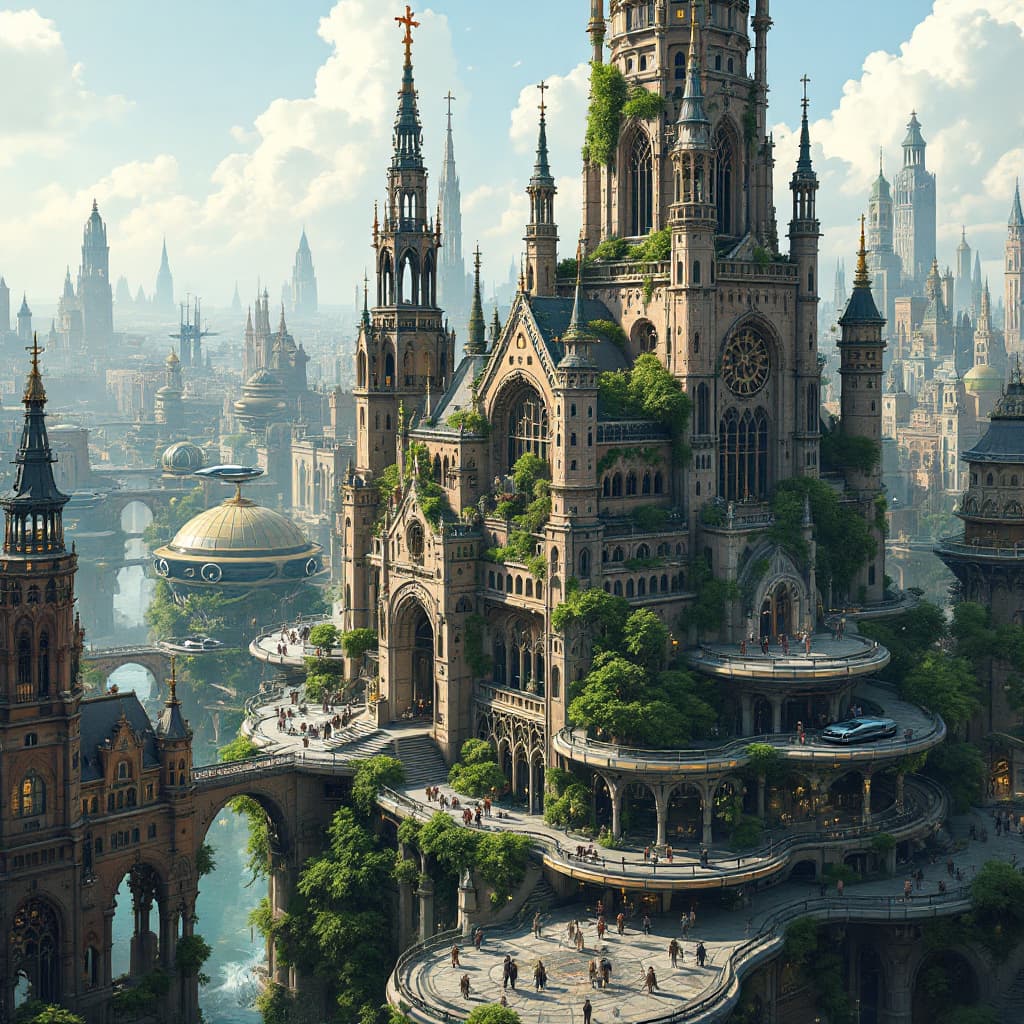 AI generated: An  overview of a futuristic megacity in which buildings  combine elements of medieval european arch...