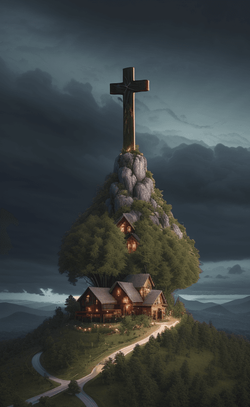 AI generated: (A beautiful rocky hill with green trees ((a towering wooden cross on the top of the hill)) mini for...