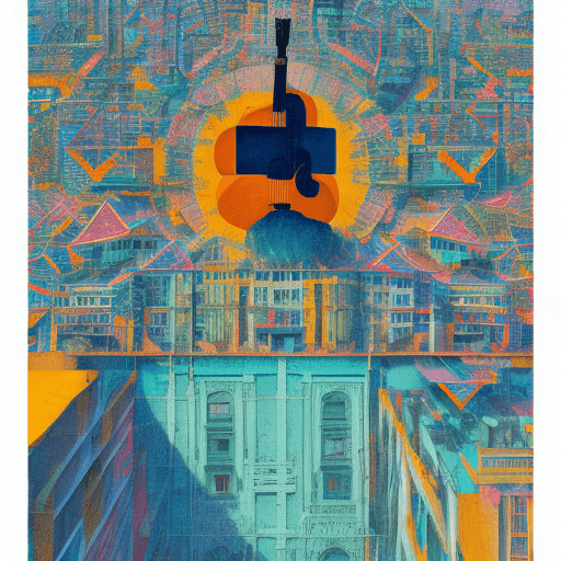 AI generated: Color Field, Berlin Secession, Conceptual art, guitar player sitting on a roof looking down at a cit...