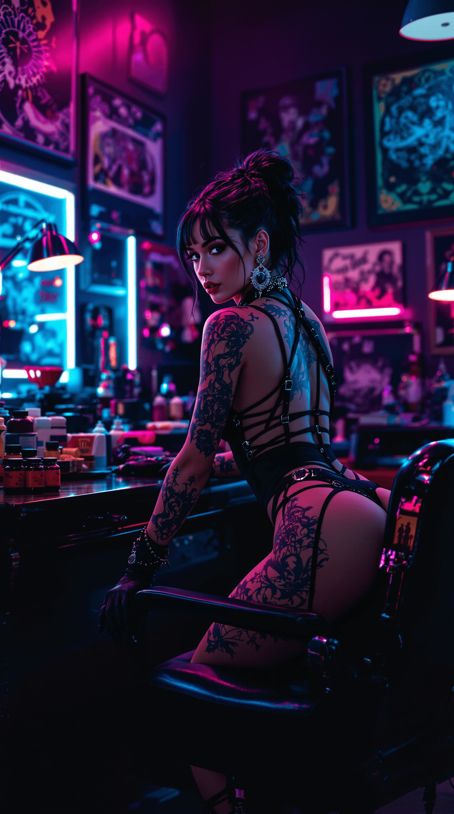 AI generated: a bold and edgy portrait of a tattoo artist working in a vibrant, neon-lit studio. The woman exudes ...
