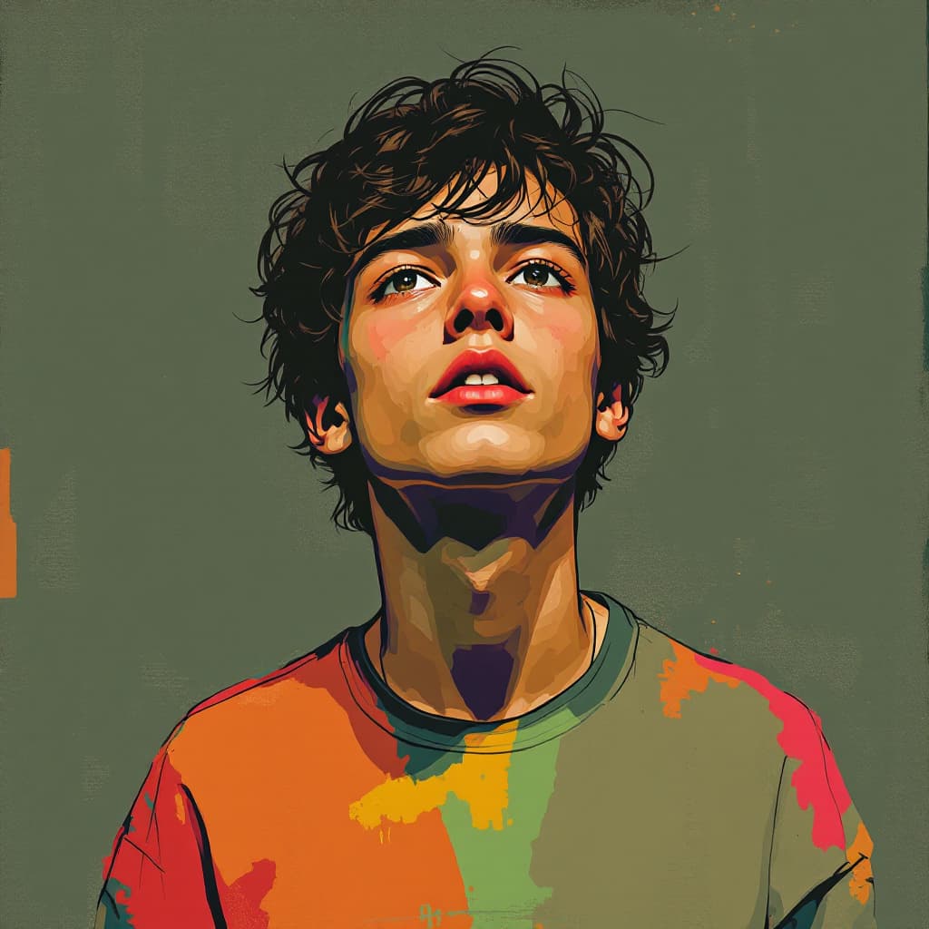 AI generated: illustration, upper-body, boy, front, face, gaze, two randomly three limit colors, outline, edges li...