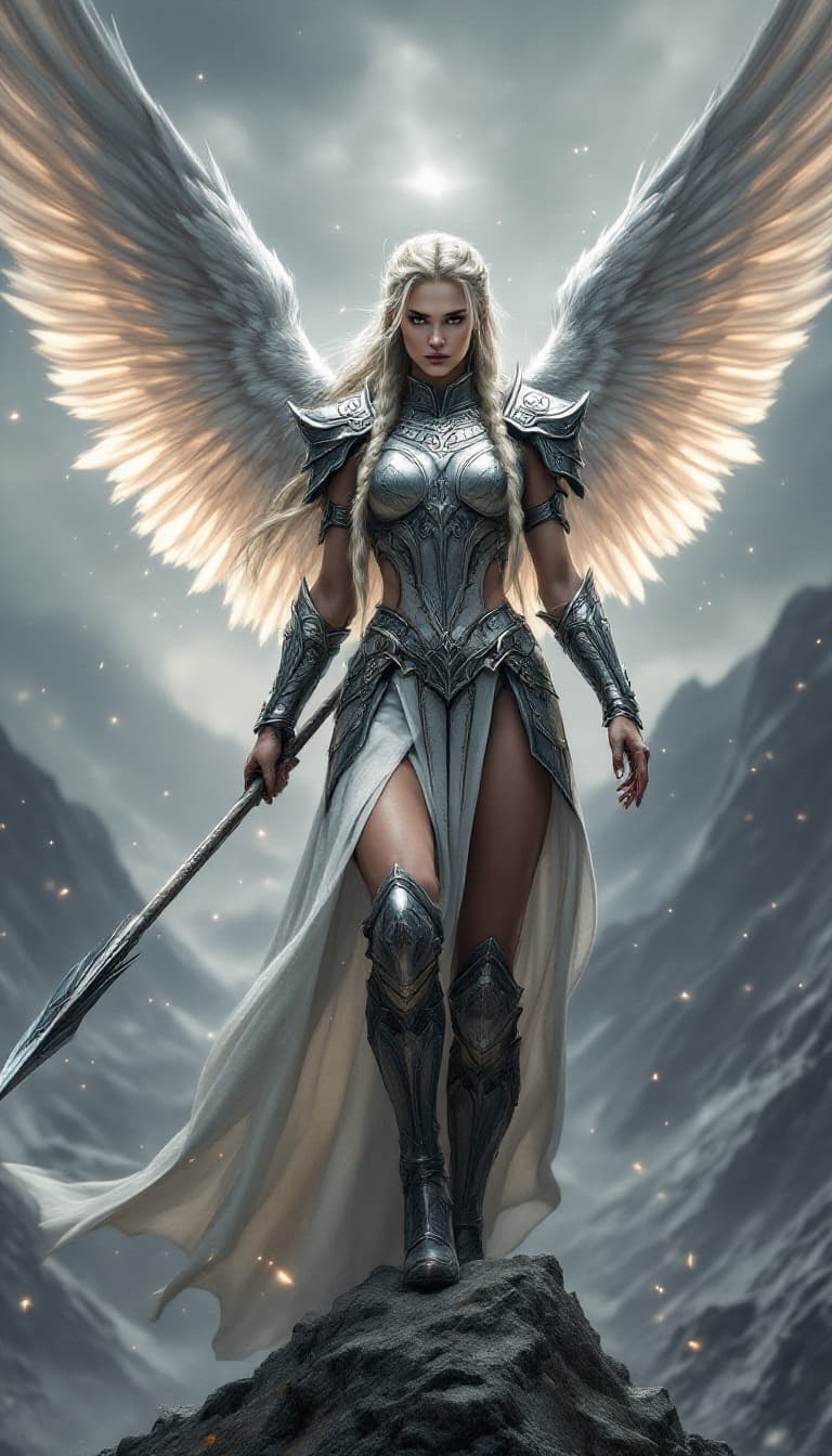 AI generated: Dynamic angle, full body view, realistic, female valkyrie, long, blonde braided hair, winged Norse a...
