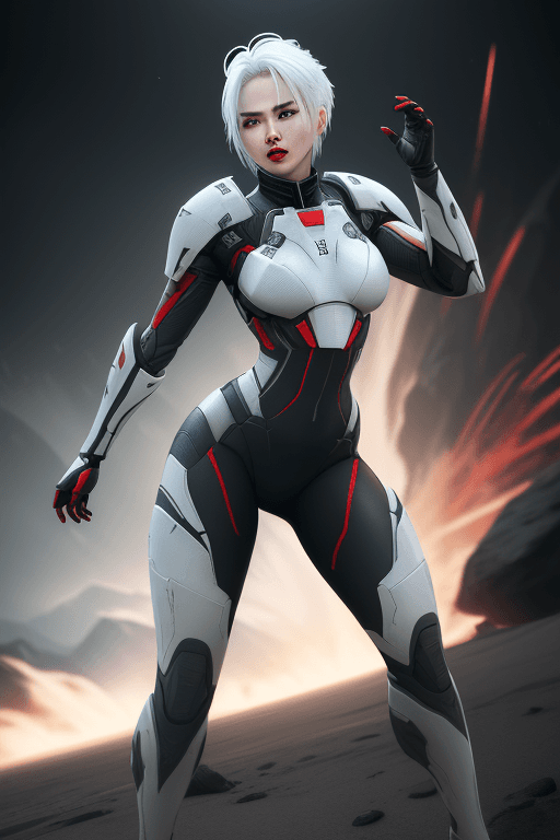 AI generated: (1girl, full body), action scene, dynamic pose, man, kpop idol, wearing Mass Effect armor, white hai...