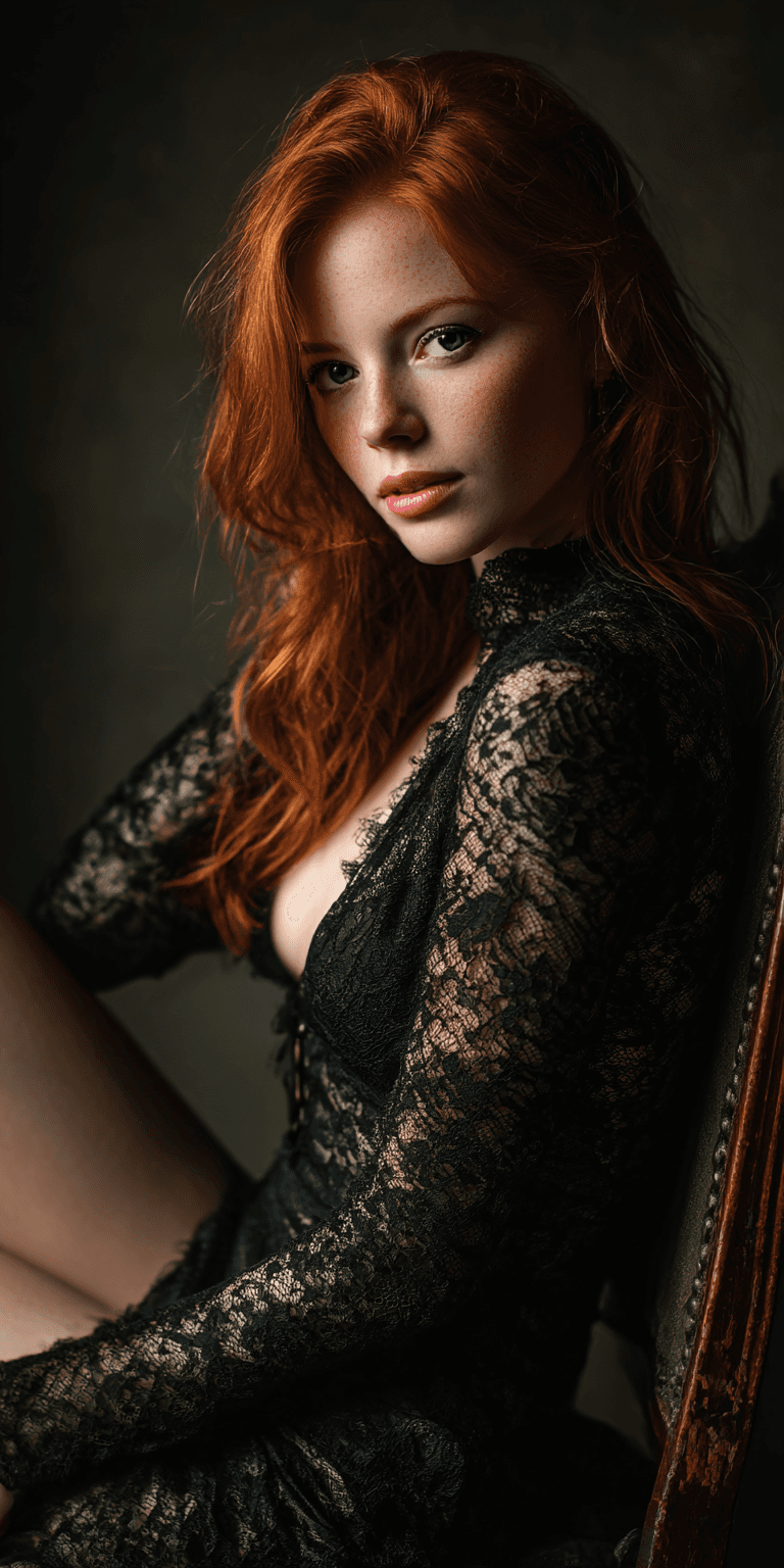 AI generated: A professional photograph featuring a beautiful, pale-skinned, freckled redheaded woman in a dark la...