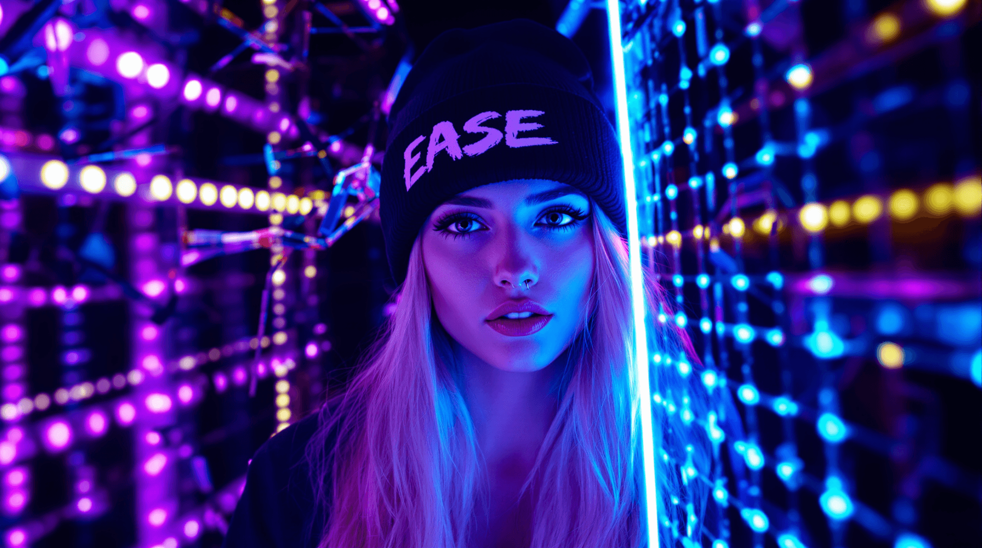 AI generated: A vibrant, futuristic scene with a Stunning Woman wearing a black beanie with white lettering, parti...