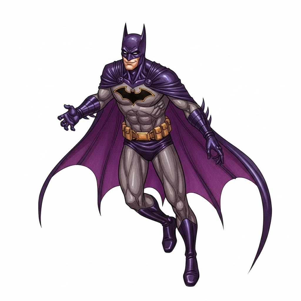 AI generated: a masterpiece, batman-like from dc comic wearing alternate dark purple costume, coy and alluring, fu...