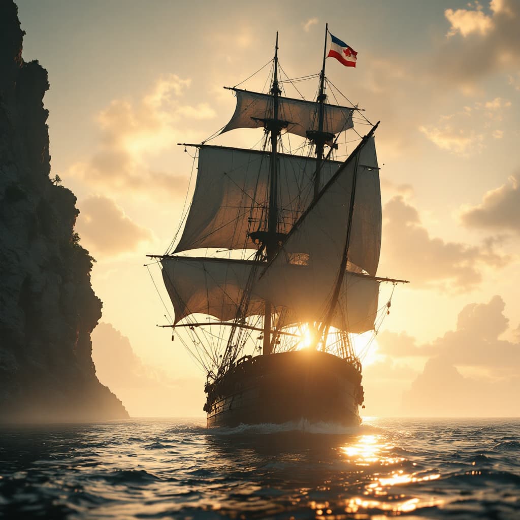 AI generated: Photo of a ultra realistic sailing ship, dramatic light, pale sunrise, cinematic lighting, battered,...