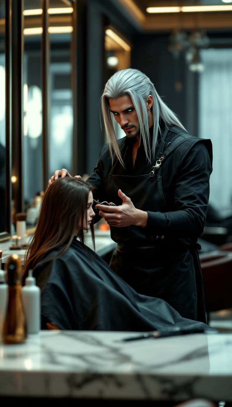 AI generated: A candid, photorealistic shot of a tall handsome European man inspired by Sephiroth from Final Fanta...